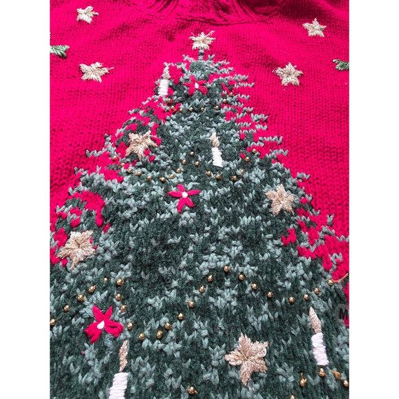 Vintage Casual Corner Red Christmas Sweater Bears & Tree Design M Ramie Cotton W - Picture 5 of 9